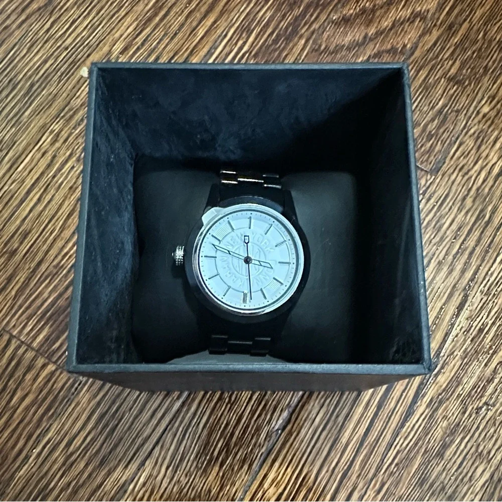 DKNY White Dial Silver-Tone Bezel Black Strap Watch